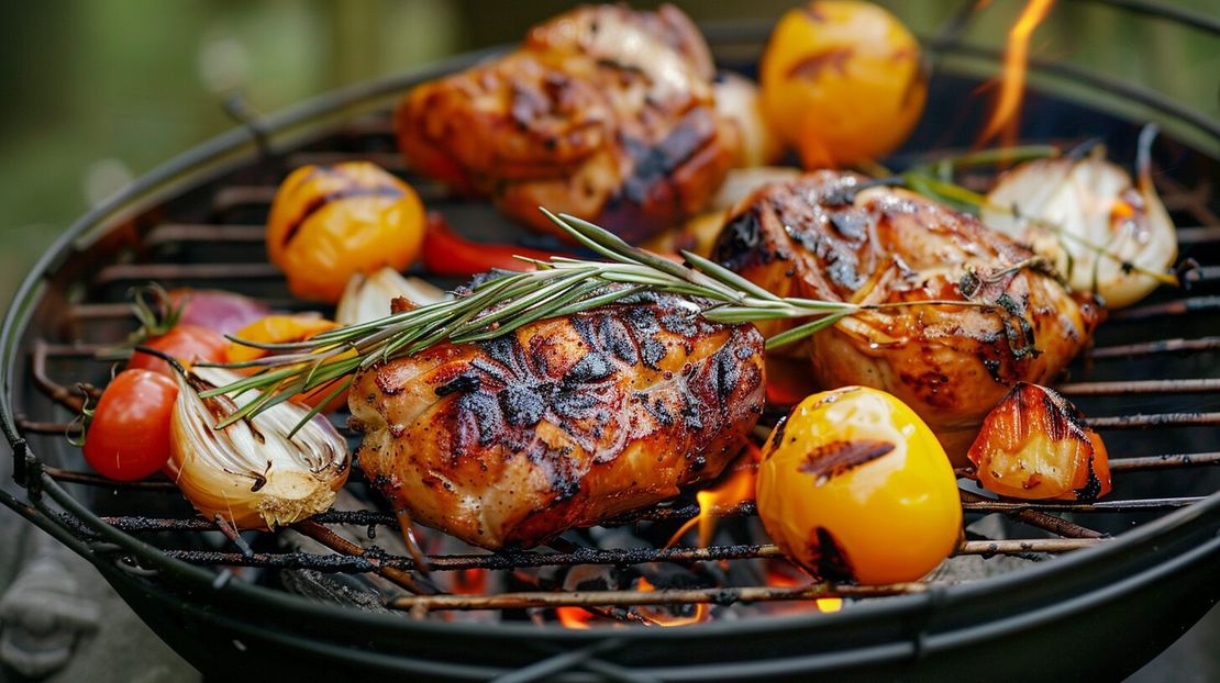 Gegrilltes Hühnchen mit Gemüse vom Lagerfeuer