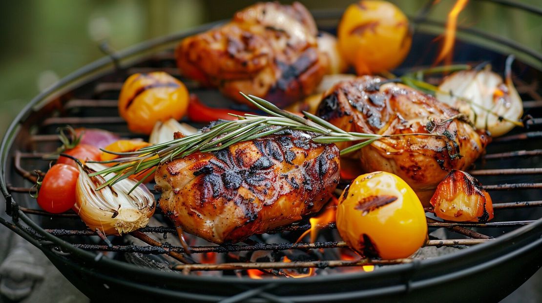 Gegrilltes Hühnchen mit Gemüse vom Lagerfeuer
